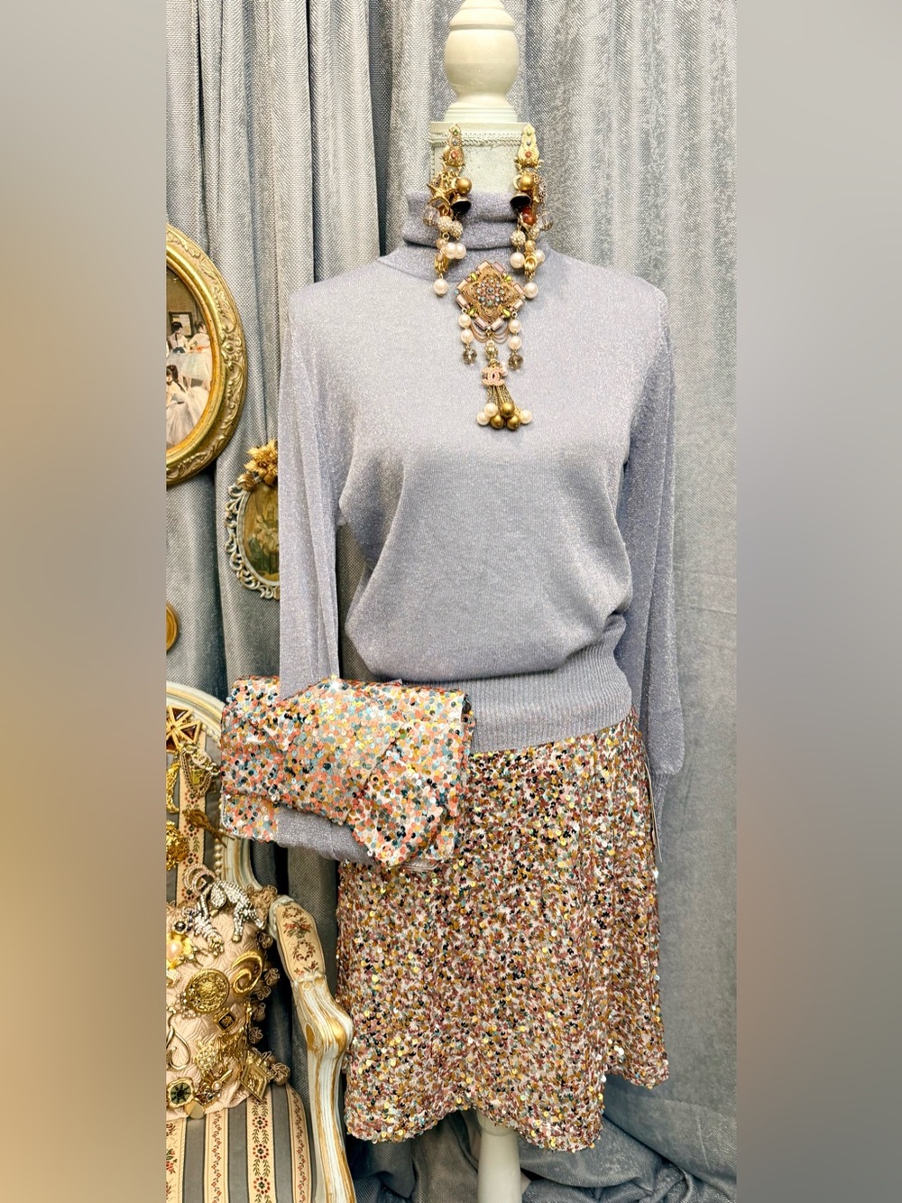 Sequin Skirt with Turtleneck, Bag